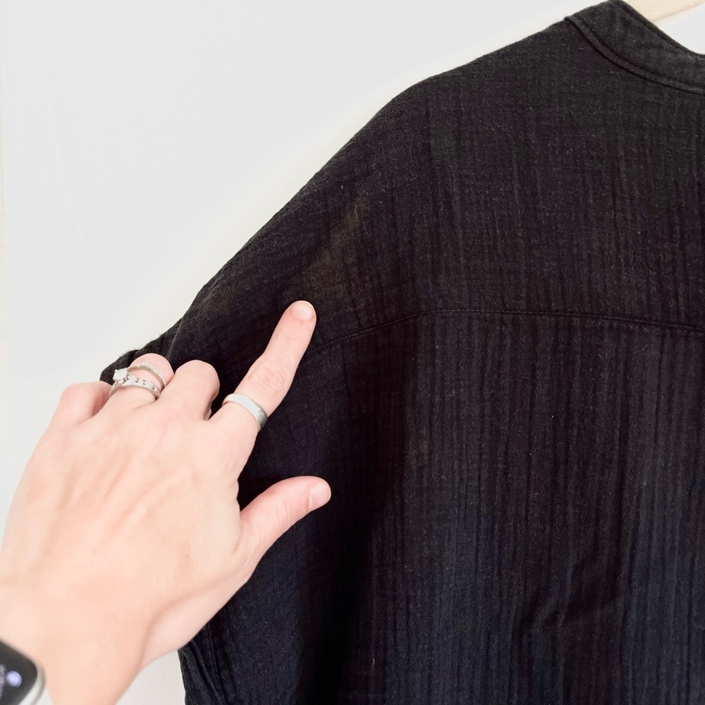 Quince Women's Black Gauze Rolled Cuff Short Sleeve Button-Up Tunic Top XL - Picture 8 of 8